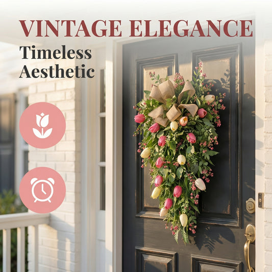 Artificial Tulip Door Swag with Greenery Leaves and Burlap Bow