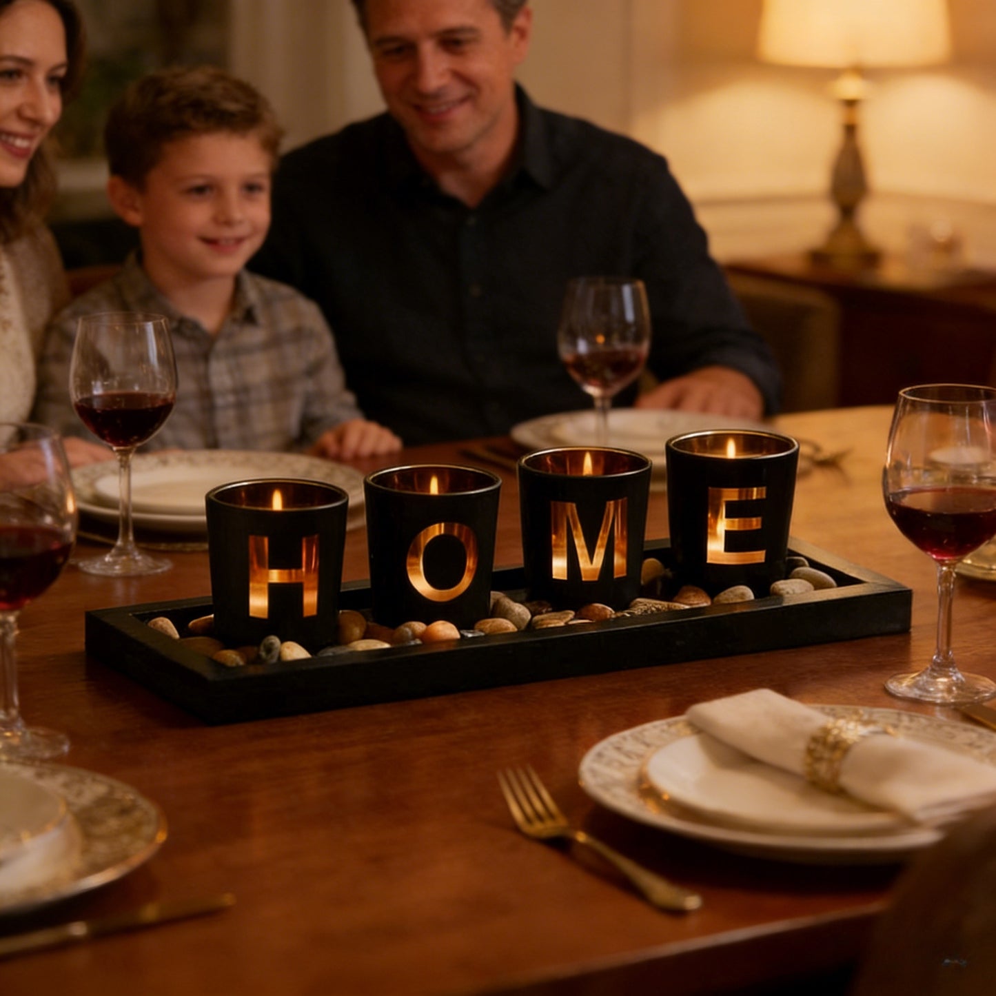 4 Glass Tea Light Candle Holders with Wooden Candle Holders Tray and Pebbles