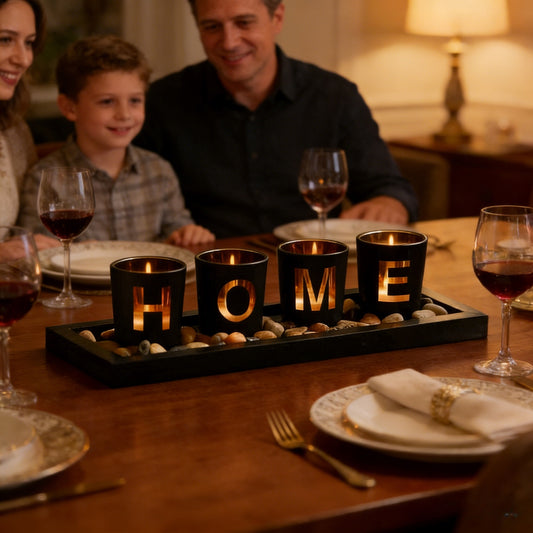 4 Glass Tea Light Candle Holders with Wooden Candle Holders Tray and Pebbles