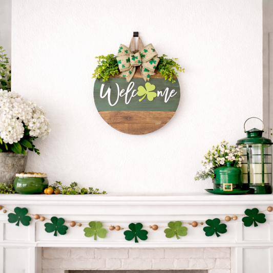 St. Patrick’s Day Door Hanging Wreath Decor – Wooden Shamrock Welcome Sign with Burlap Bow