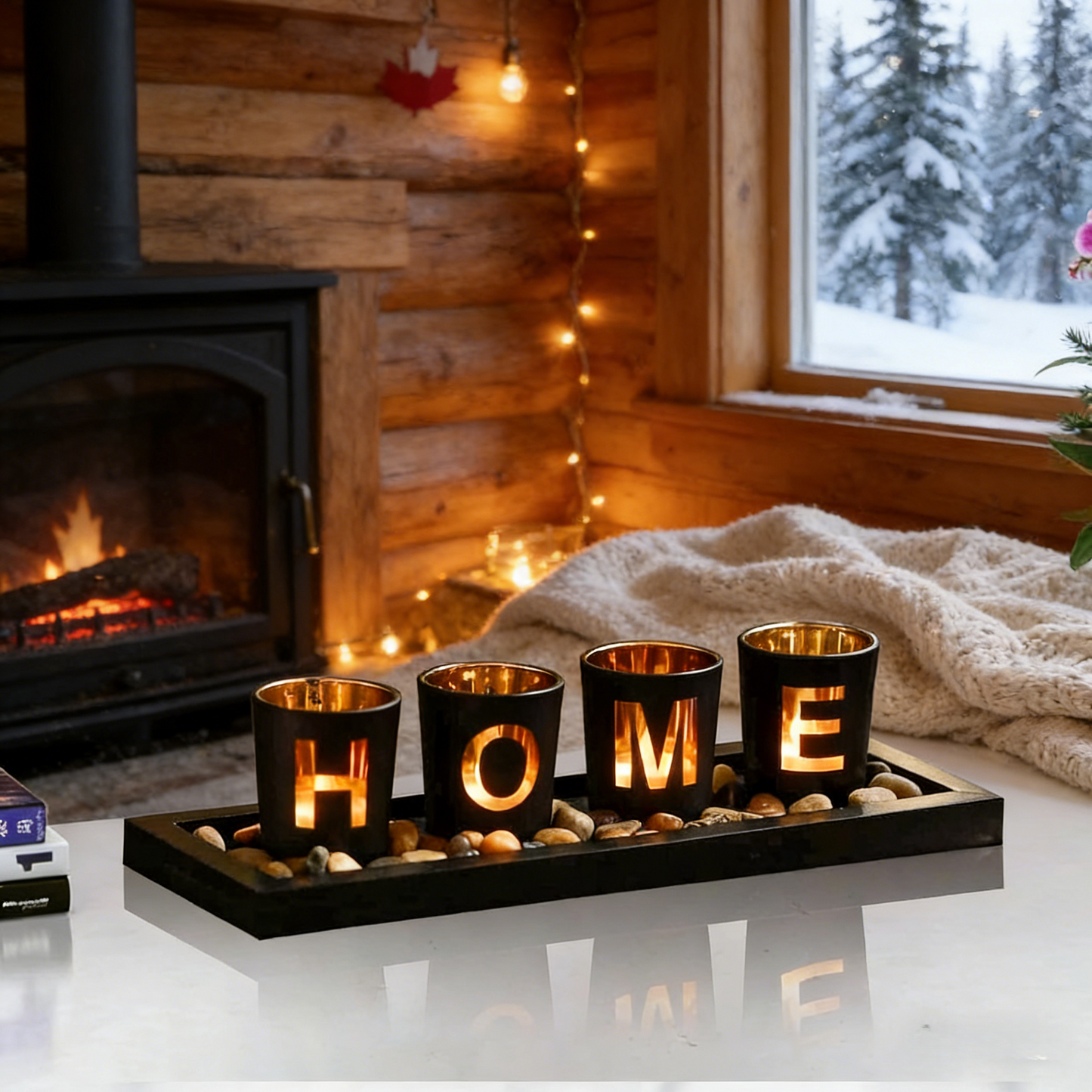 4 Glass Tea Light Candle Holders with Wooden Candle Holders Tray and Pebbles