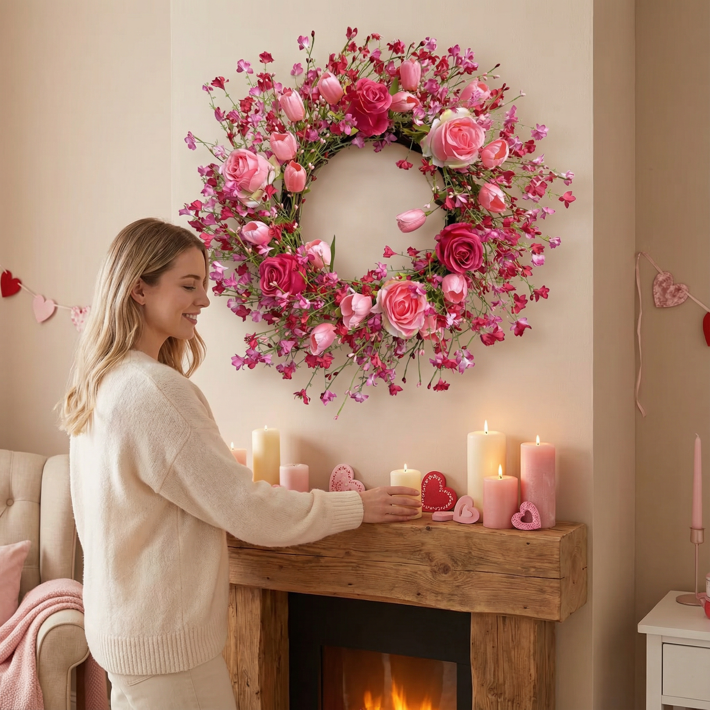 Valentine's Day Flower Wreath with Tulips & Berry for Window Porch Indoors Outside