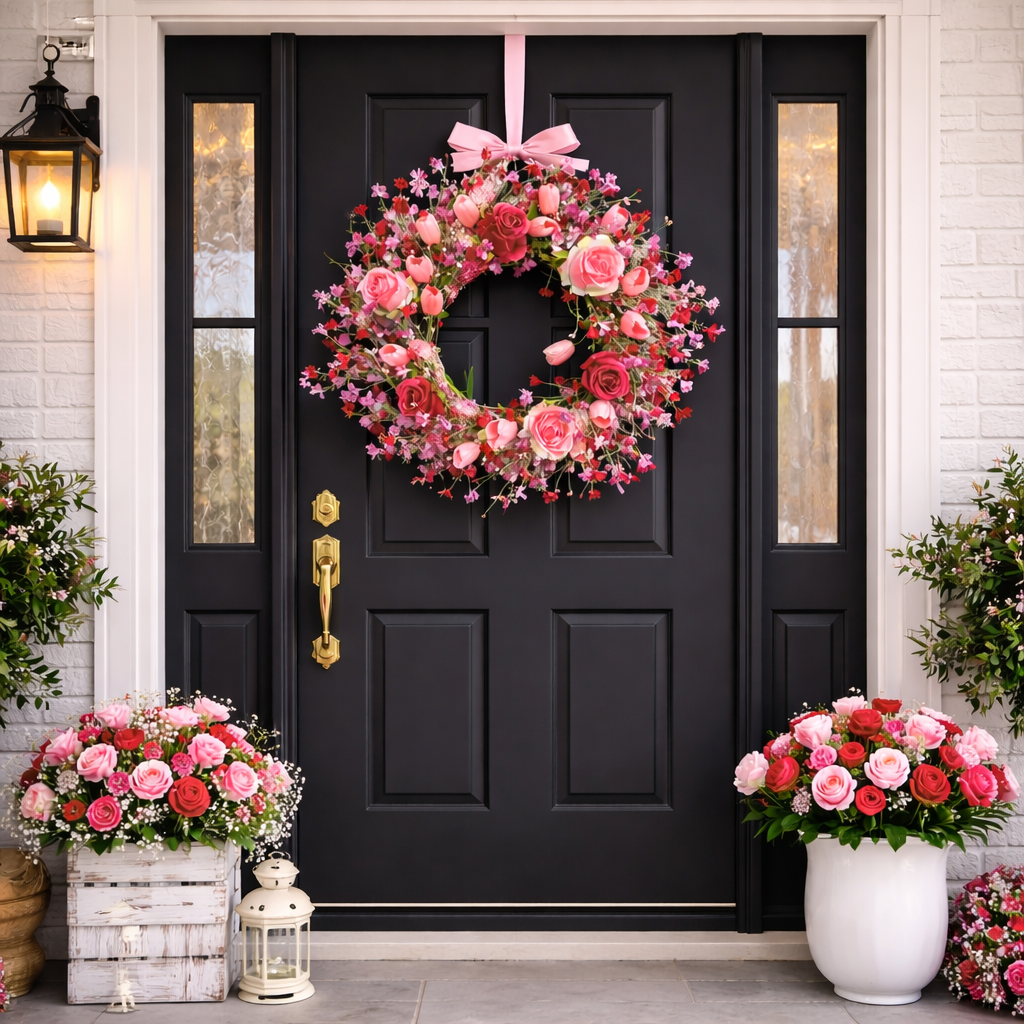 Valentine's Day Flower Wreath with Tulips & Berry for Window Porch Indoors Outside