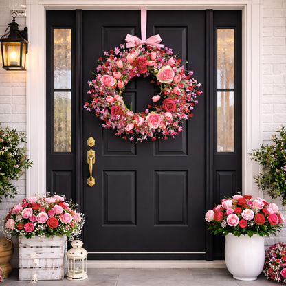 Valentine's Day Flower Wreath with Tulips & Berry for Window Porch Indoors Outside