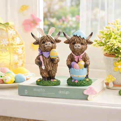 Easter Highland Cow Set with Bunny Ears on Base