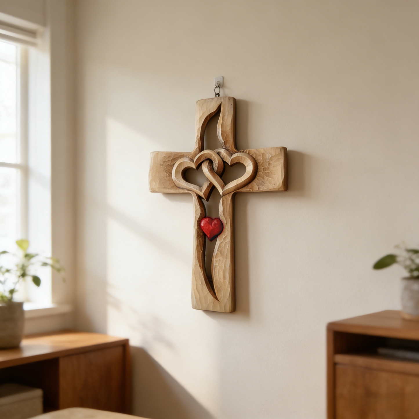Hand-Carved Intertwined Hearts Wooden Cross