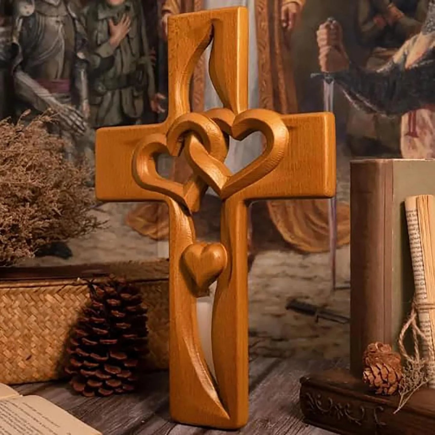Hand-Carved Intertwined Hearts Wooden Cross