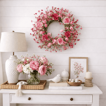 Valentine's Day Flower Wreath with Tulips & Berry for Window Porch Indoors Outside