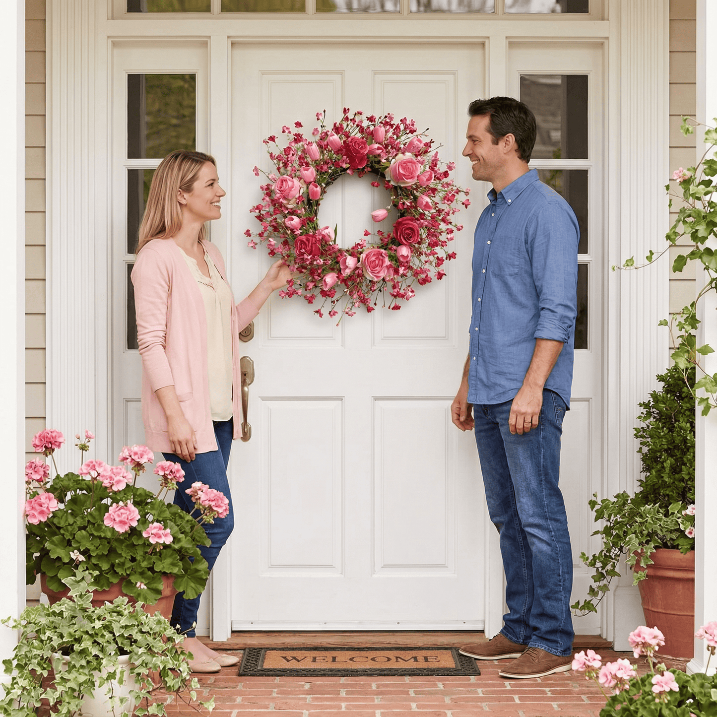 Valentine's Day Flower Wreath with Tulips & Berry for Window Porch Indoors Outside