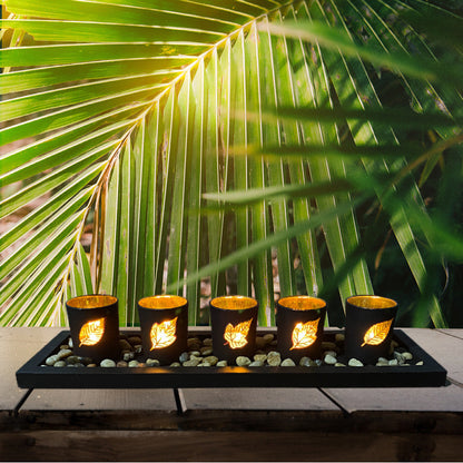 4 Glass Tea Light Candle Holders with Wooden Candle Holders Tray and Pebbles