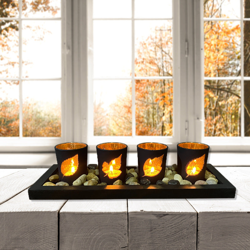 4 Glass Tea Light Candle Holders with Wooden Candle Holders Tray and Pebbles
