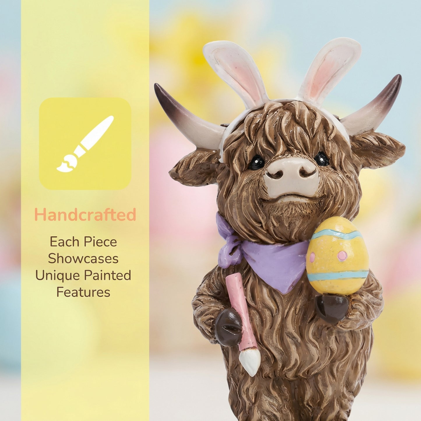 Easter Highland Cow Set with Bunny Ears on Base
