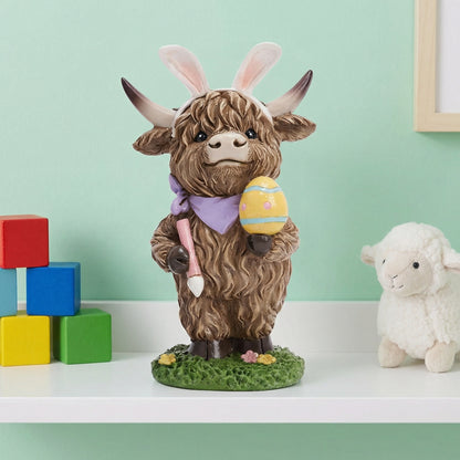 Easter Highland Cow Set with Bunny Ears on Base