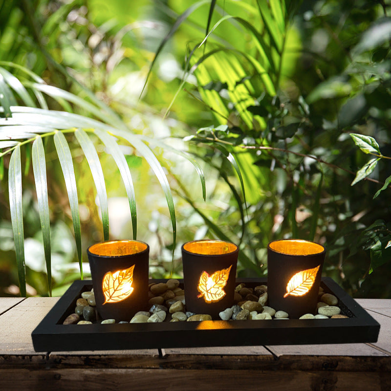 4 Glass Tea Light Candle Holders with Wooden Candle Holders Tray and Pebbles