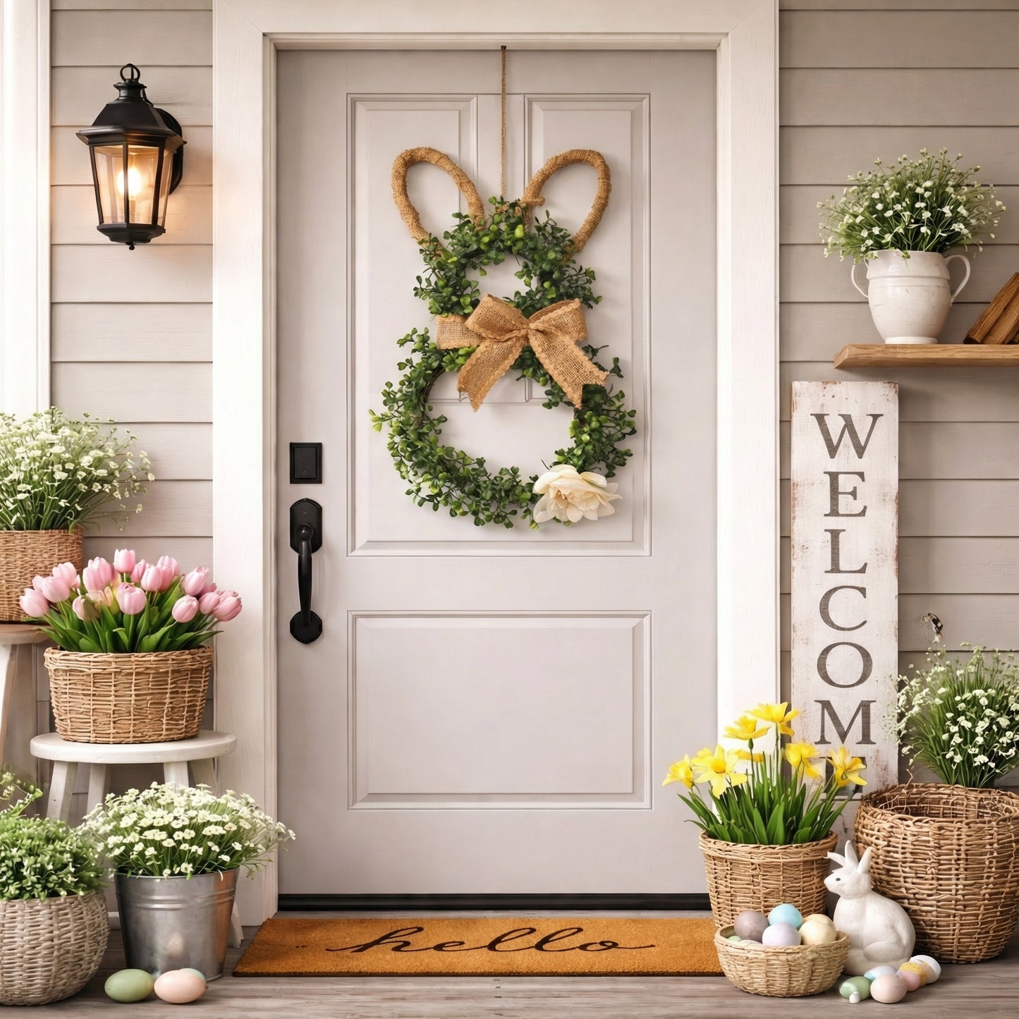 Easter Bunny-Themed Artificial Flower Wreath