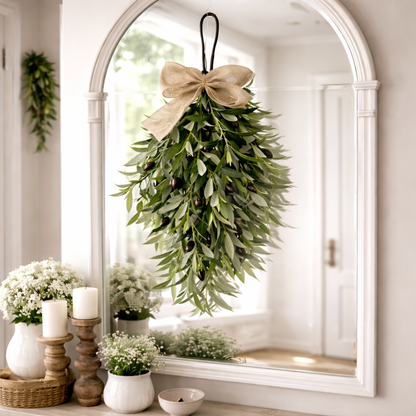 Artificial Olive Swag with Greenery Leaves and Burlap Bow