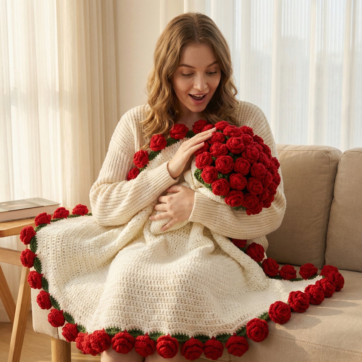 Handmade Crochet Rose Flower Bouquet Blanket
