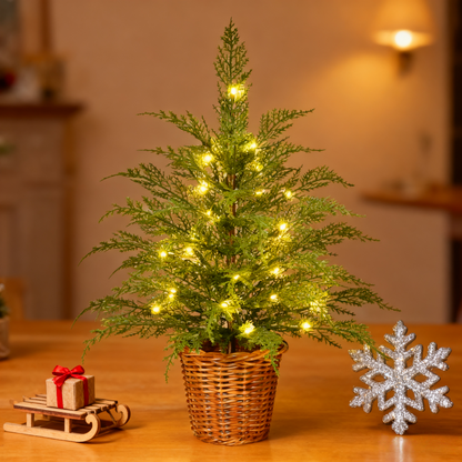 Pre-Lit Green Cypress Artificial Christmas Tree With Woven Basket And Timer