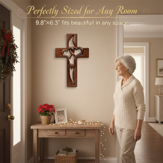 Hand-Carved Intertwined Hearts Wooden Cross