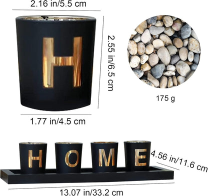 4 Glass Tea Light Candle Holders with Wooden Candle Holders Tray and Pebbles