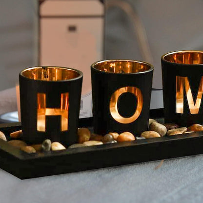 4 Glass Tea Light Candle Holders with Wooden Candle Holders Tray and Pebbles