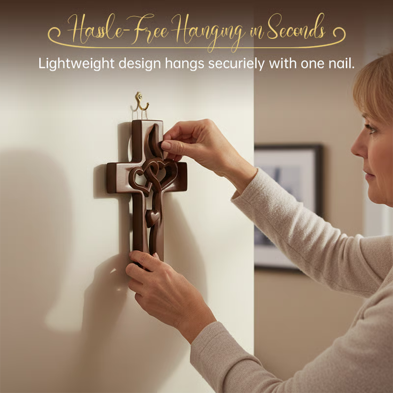 Hand-Carved Intertwined Hearts Wooden Cross