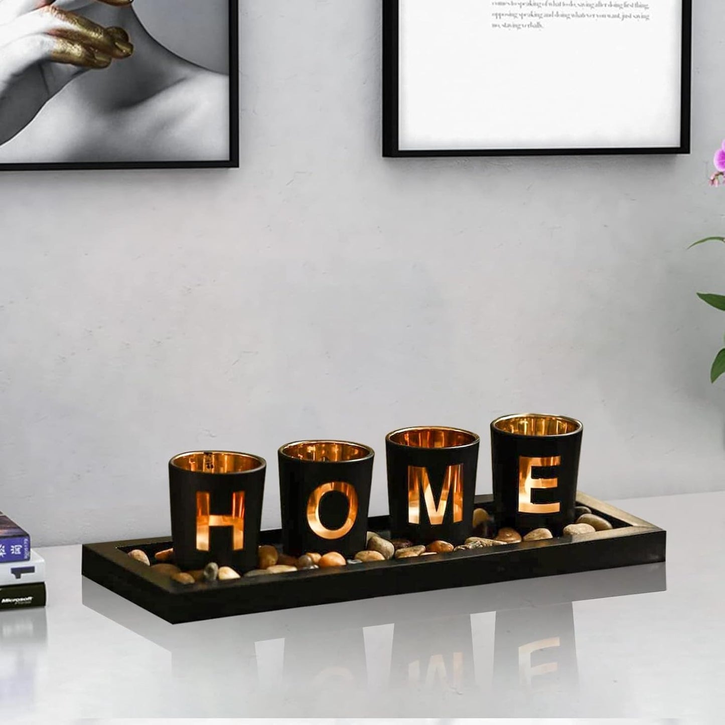 4 Glass Tea Light Candle Holders with Wooden Candle Holders Tray and Pebbles