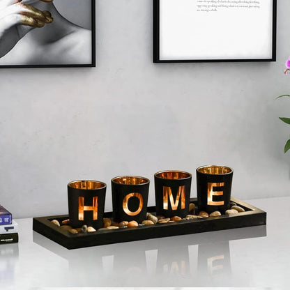 4 Glass Tea Light Candle Holders with Wooden Candle Holders Tray and Pebbles