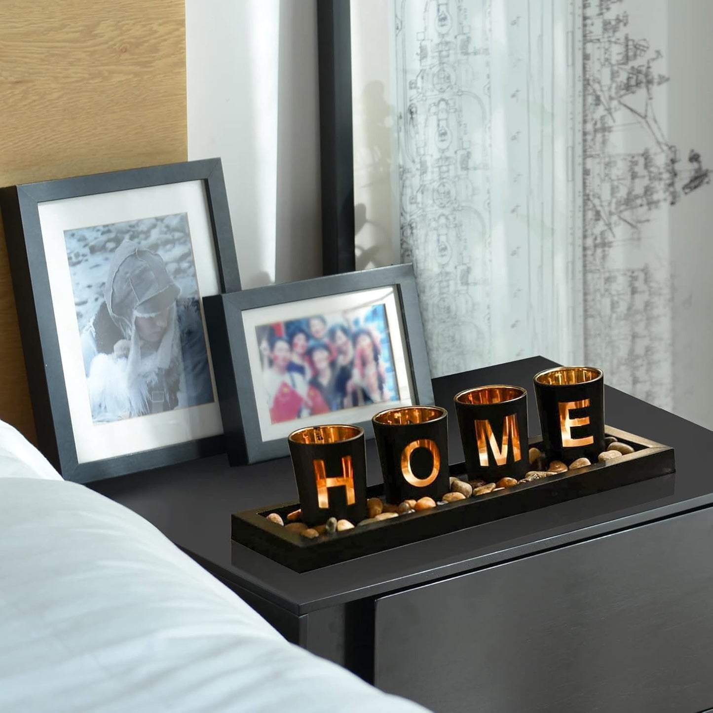 4 Glass Tea Light Candle Holders with Wooden Candle Holders Tray and Pebbles