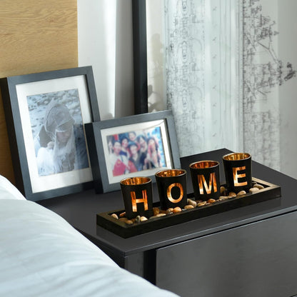 4 Glass Tea Light Candle Holders with Wooden Candle Holders Tray and Pebbles