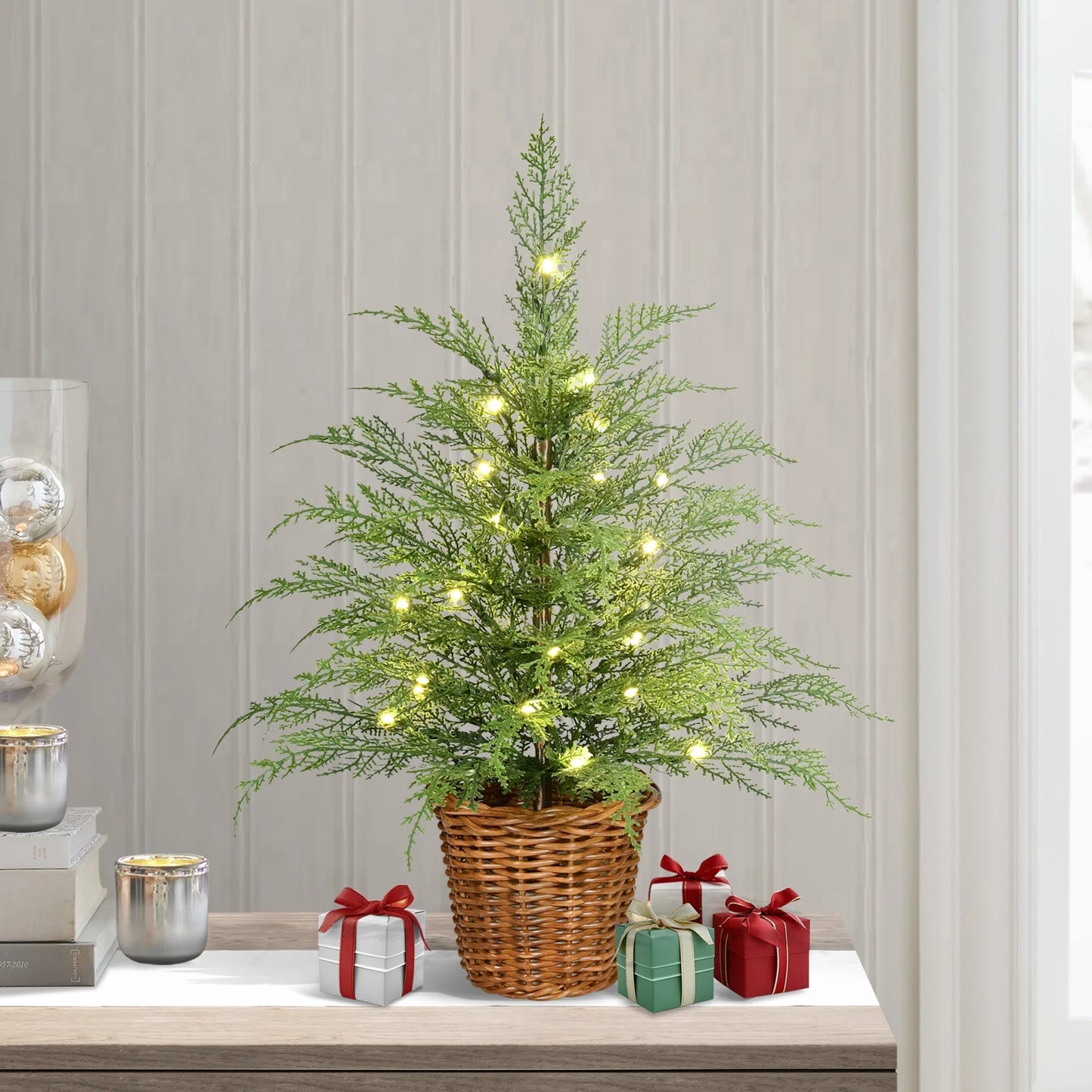 Pre-Lit Green Cypress Artificial Christmas Tree With Woven Basket And Timer