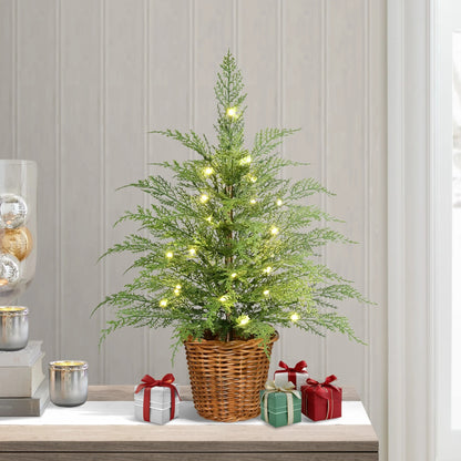 Pre-Lit Green Cypress Artificial Christmas Tree With Woven Basket And Timer