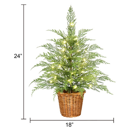 Pre-Lit Green Cypress Artificial Christmas Tree With Woven Basket And Timer