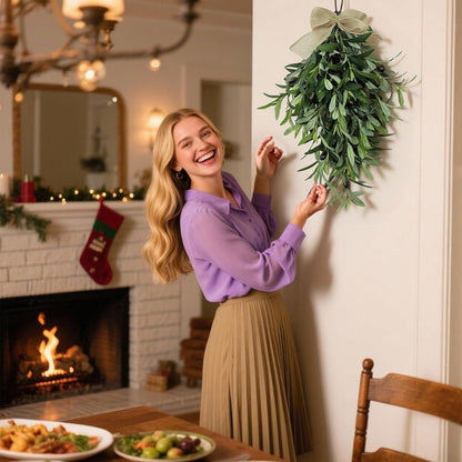 Artificial Olive Swag with Greenery Leaves and Burlap Bow