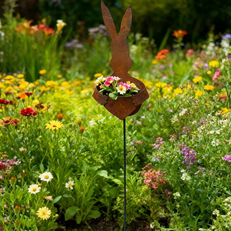 Easter Vintage Metal Rabbit Shaped Planter Garden Stake