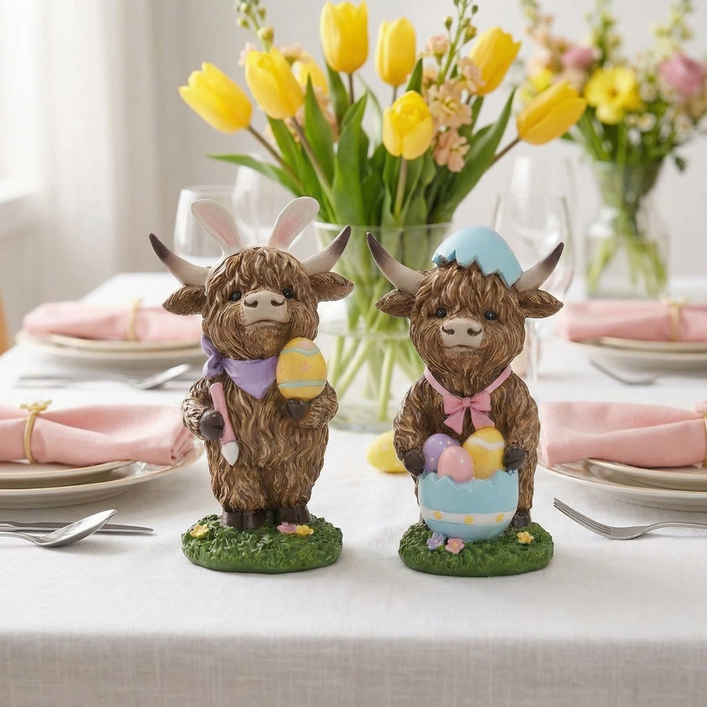 Easter Highland Cow Set with Bunny Ears on Base