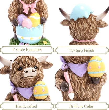 Easter Highland Cow Set with Bunny Ears on Base
