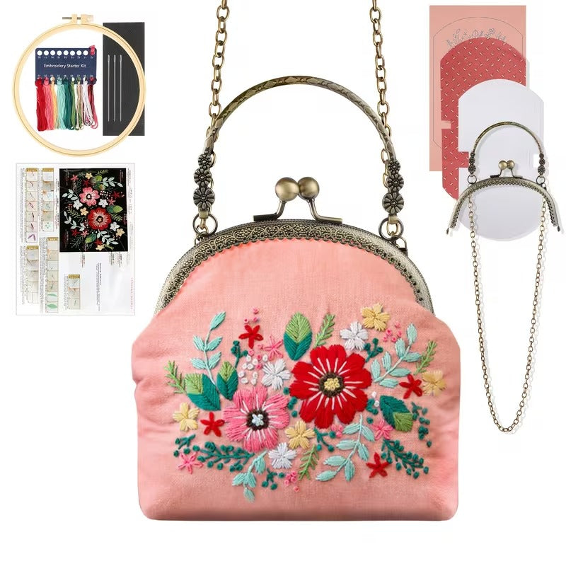 DIY Embroidered Clasp Lock Handbag Making Kit with Thread