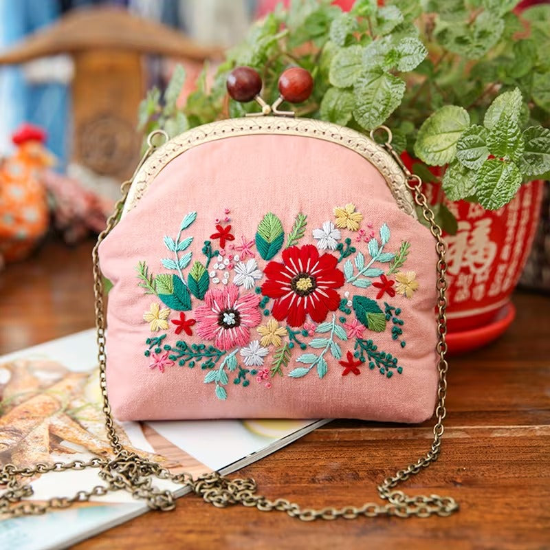 DIY Embroidered Clasp Lock Handbag Making Kit with Thread