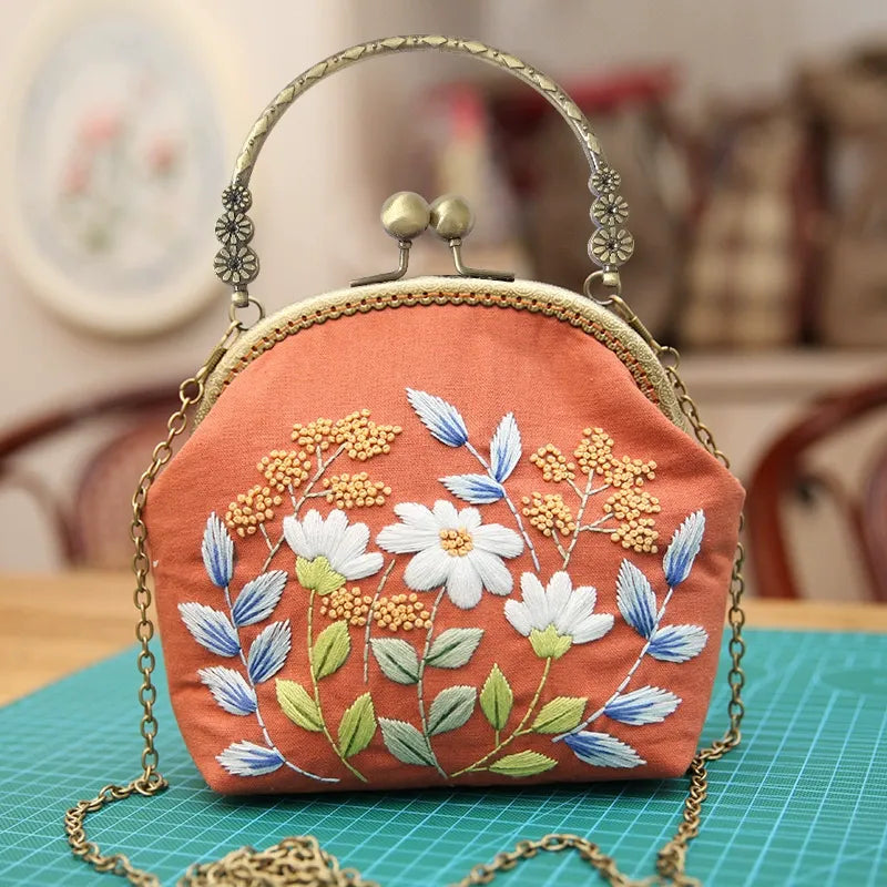 DIY Embroidered Clasp Lock Handbag Making Kit with Thread