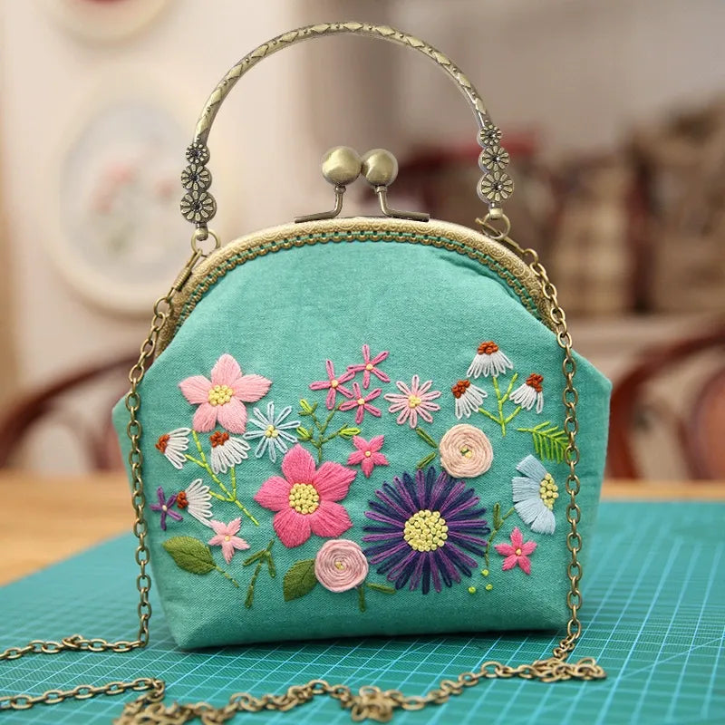 DIY Embroidered Clasp Lock Handbag Making Kit with Thread