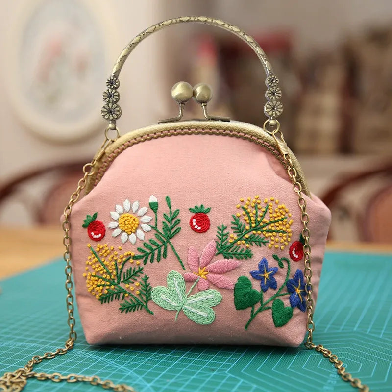 DIY Embroidered Clasp Lock Handbag Making Kit with Thread