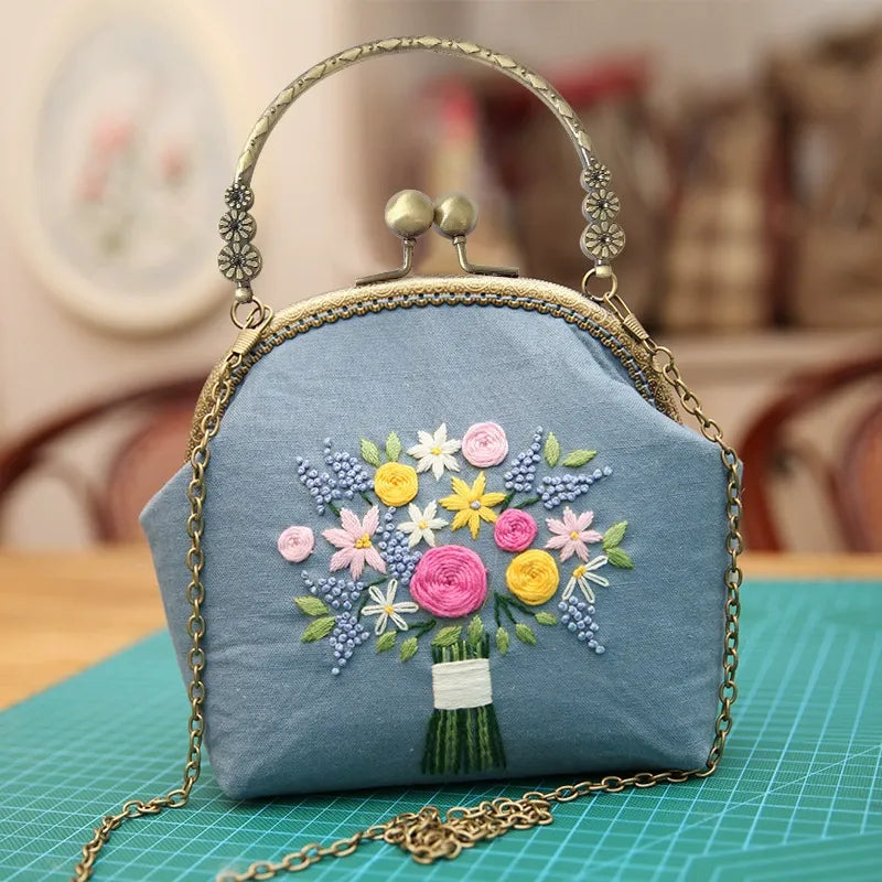 DIY Embroidered Clasp Lock Handbag Making Kit with Thread