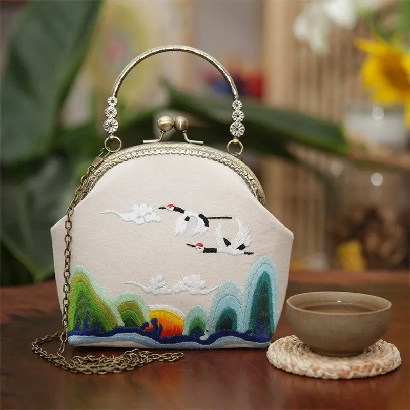 DIY Embroidered Clasp Lock Handbag Making Kit with Thread