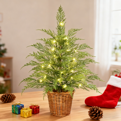 Pre-Lit Green Cypress Artificial Christmas Tree With Woven Basket And Timer
