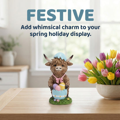 Easter Highland Cow Set with Bunny Ears on Base