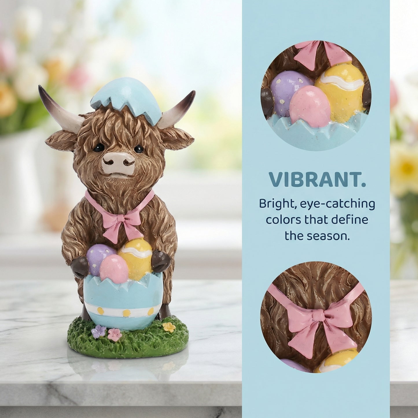Easter Highland Cow Set with Bunny Ears on Base