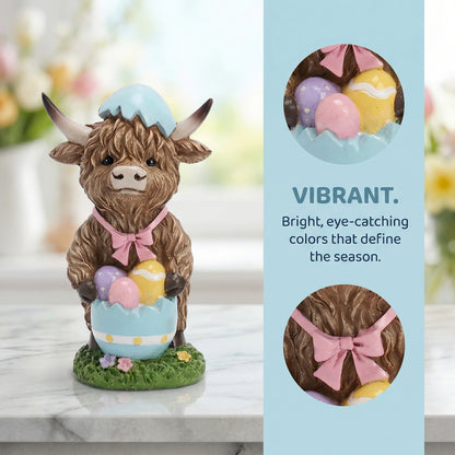 Easter Highland Cow Set with Bunny Ears on Base
