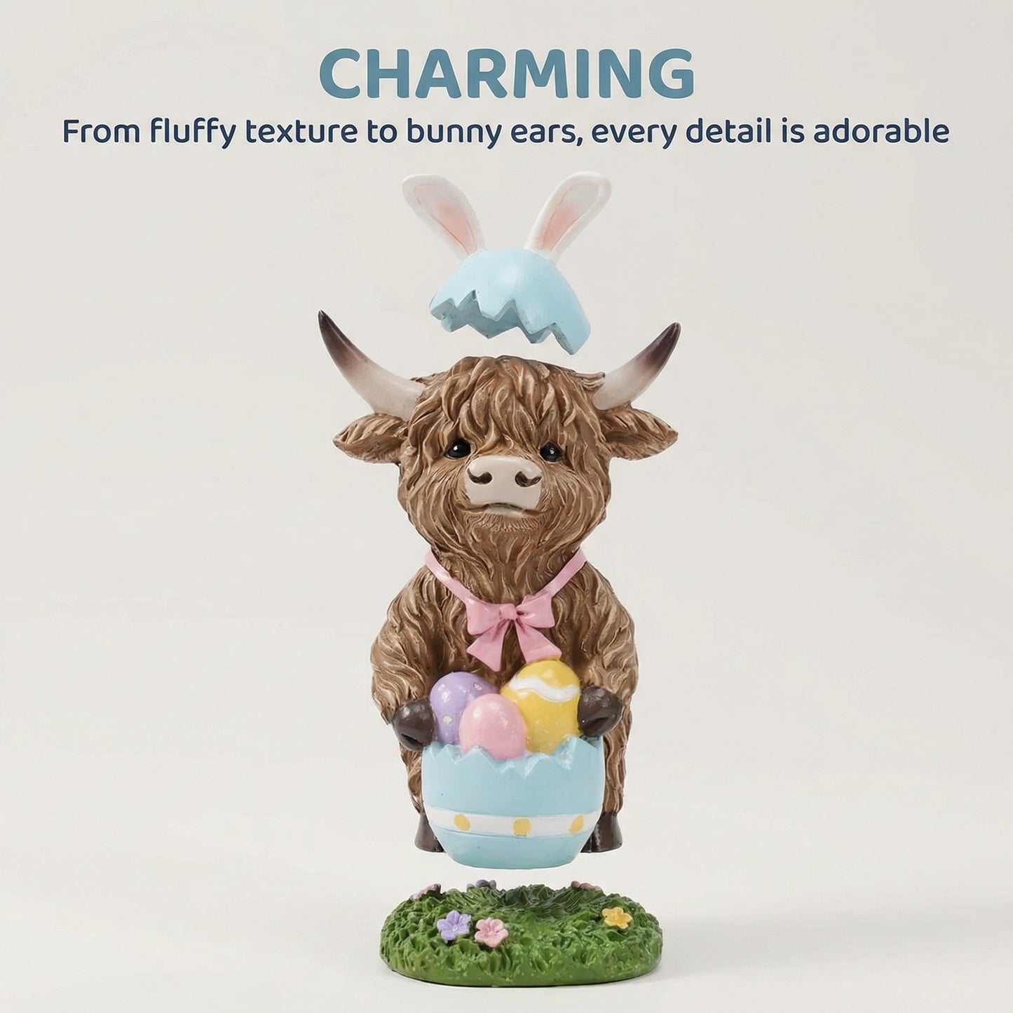 Easter Highland Cow Set with Bunny Ears on Base