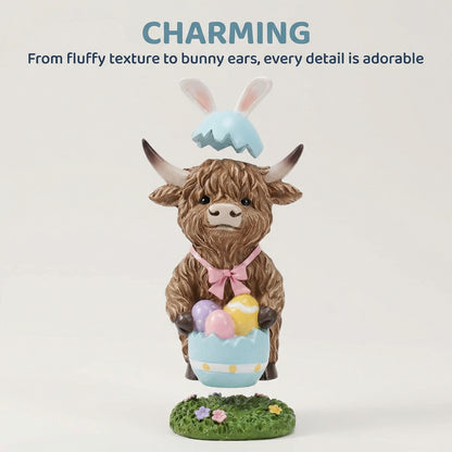 Easter Highland Cow Set with Bunny Ears on Base